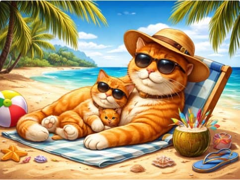 A happy cat relaxing at the beach — enjoying the peace of mind good coverage brings